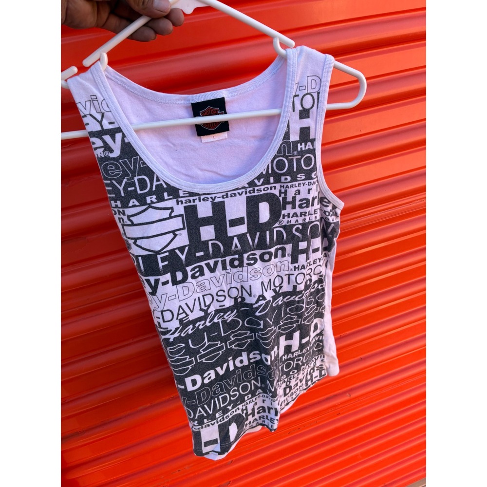 Harley-Davidson Womens Tank Top White All Over Print Logo Graphic Biker Size L